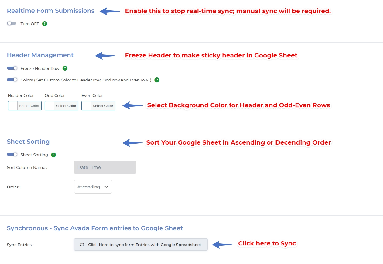 Avada Forms Google Sheet Connector Settings