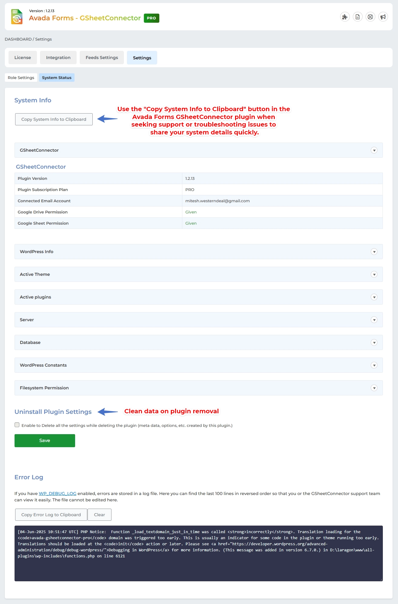 Avada Forms GSheetConnector System Status Overview