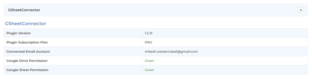 Active Plugins Details in GSheetConnector System Info