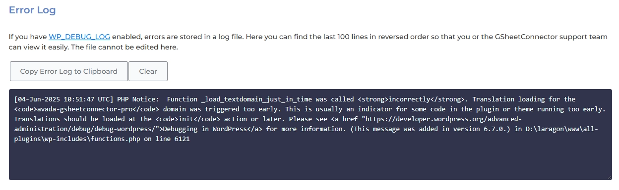 Error Log Details in GSheetConnector System Status