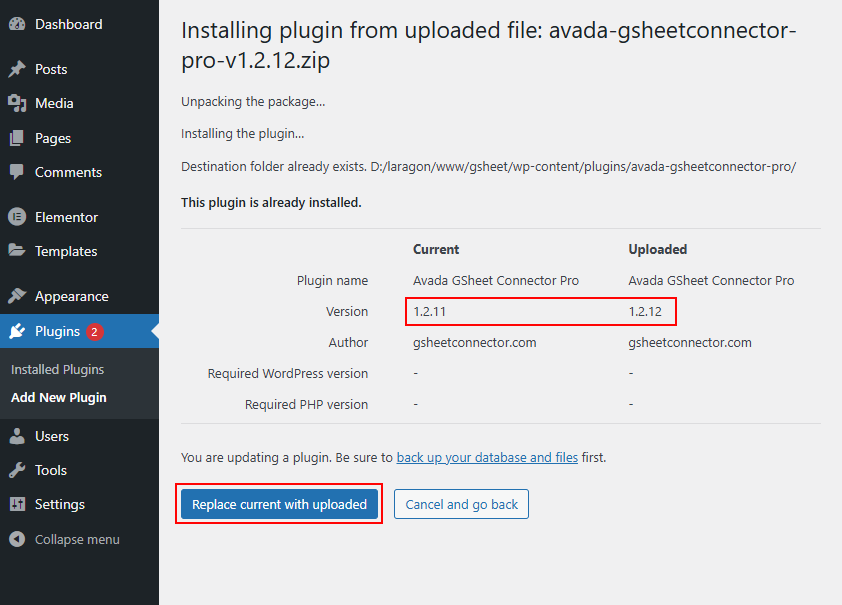 Update WordPress Plugin using Avada GSheetConnector Pro