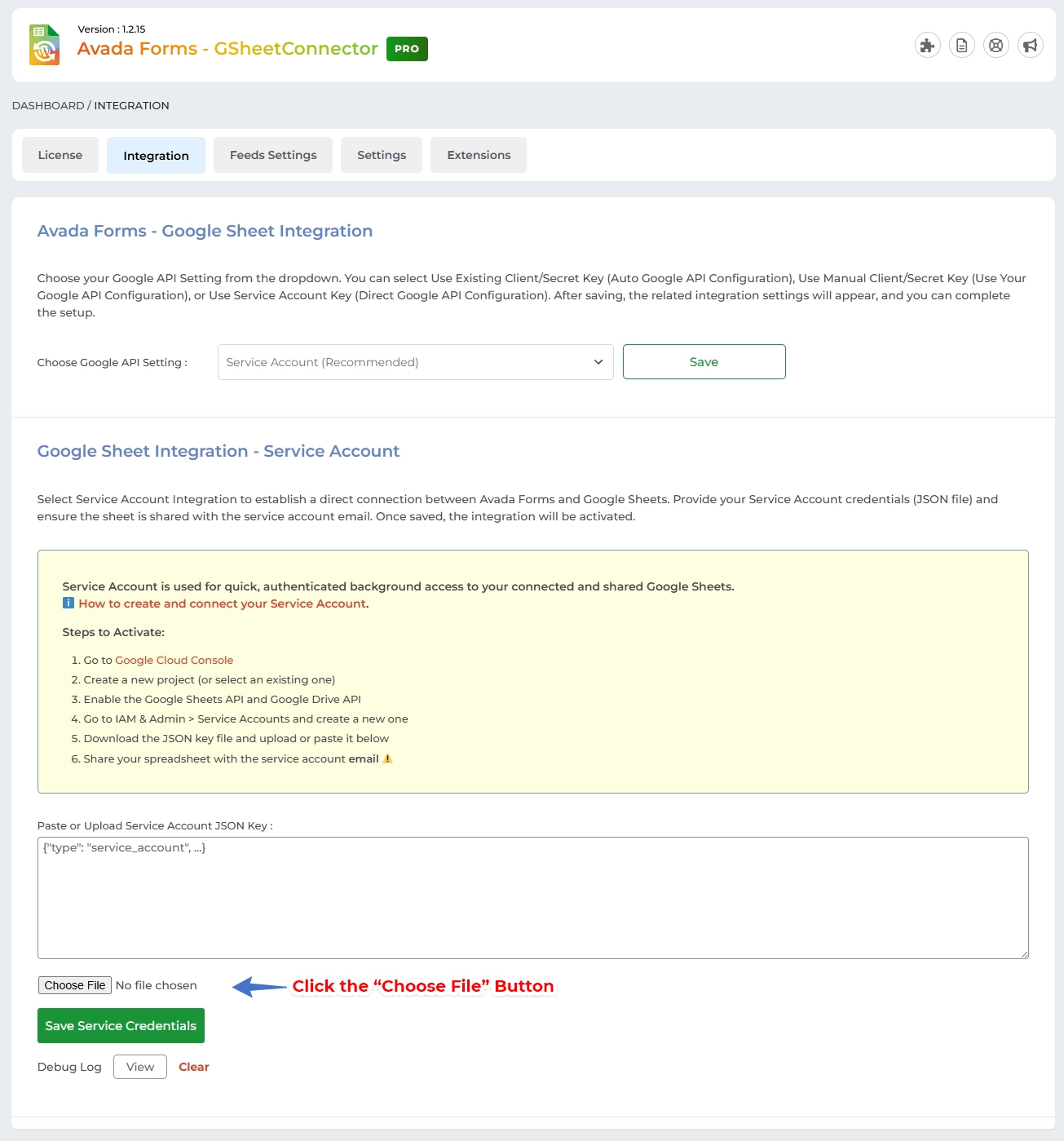 Connect the Service Account in Elementor GSheetConnector Pro