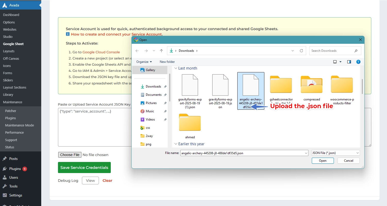 Connect the Service Account in Elementor GSheetConnector Pro - Upload Json file