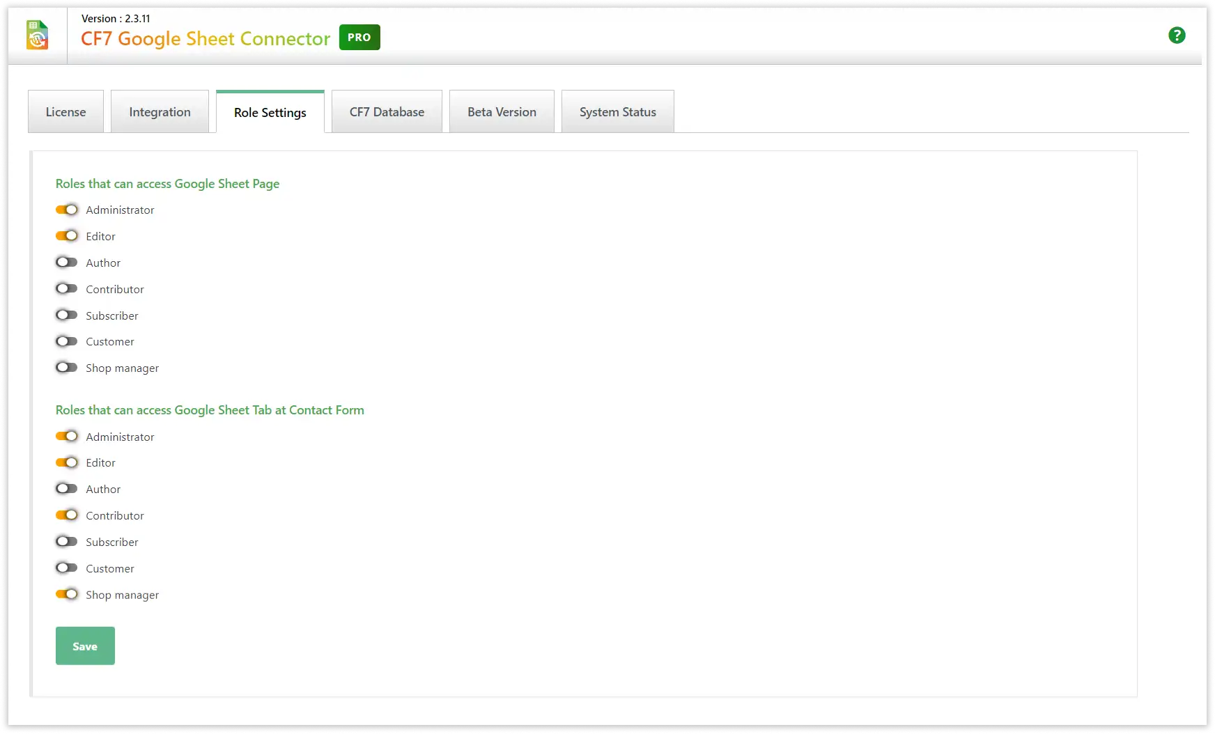 CF7 Google Sheet Connector - Role Settings