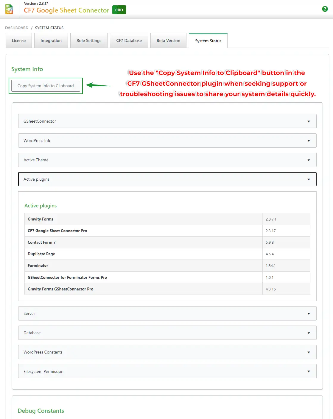 System Info CF7 GSheetConnector System Status