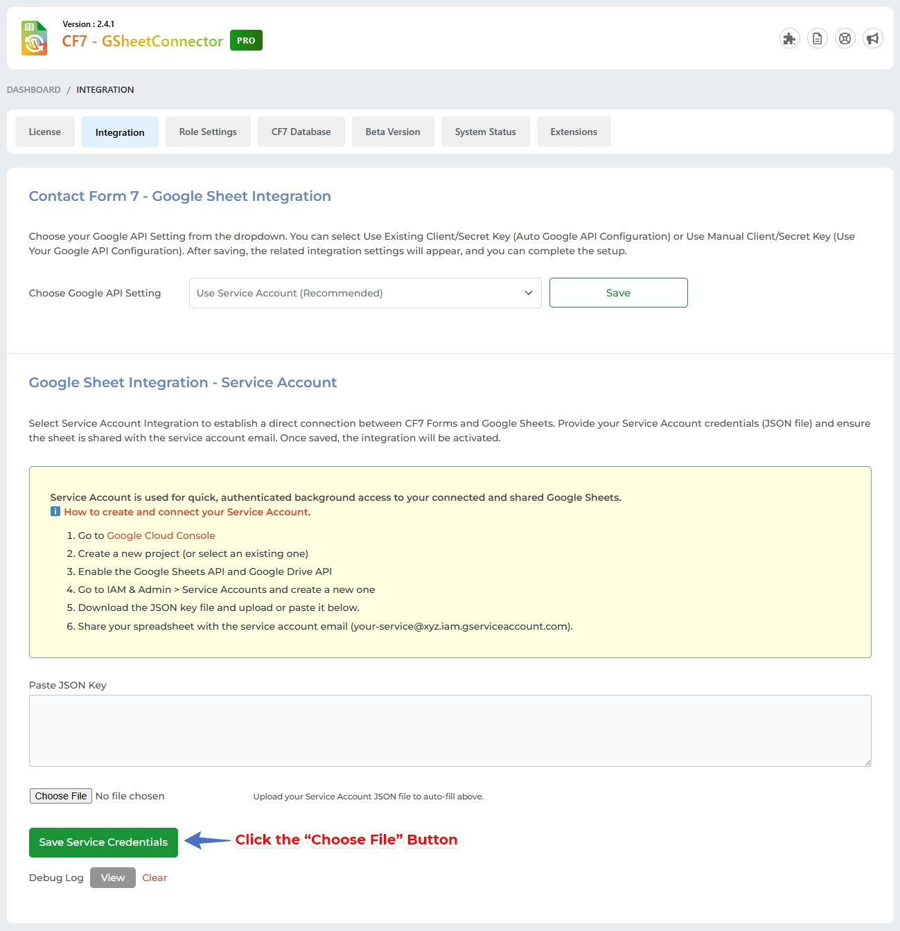 CF7 Google Sheet Connector Pro Service Account Setup - Plugin Settings