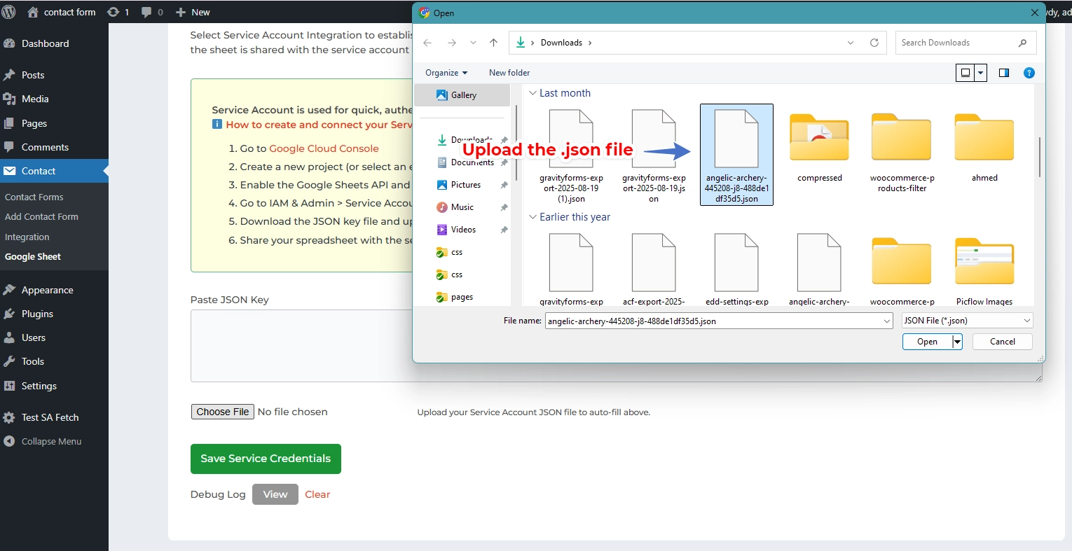 CF7 Google Sheet Connector Pro Service Account Setup - Upload JSON file