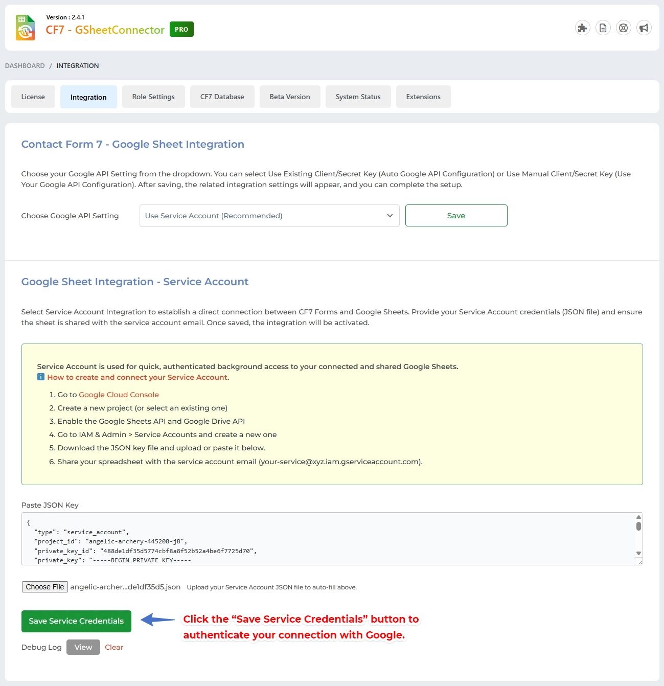 CF7 Google Sheet Connector Pro Service Account Setup - Authentication Success
