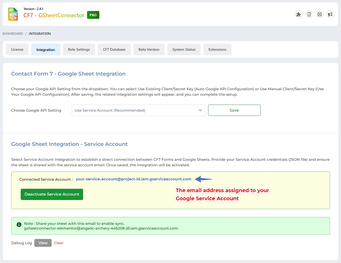 CF7 Google Sheet Connector Pro Service Account Setup - Service Account authenticated