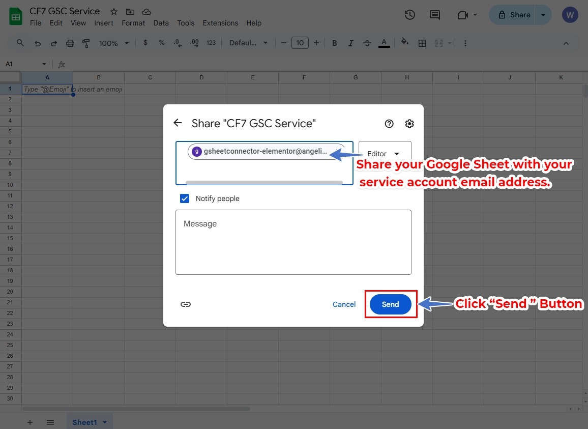 CF7 Google Sheet Connector Pro Service Account Setup - Share the Sheet with the service account email