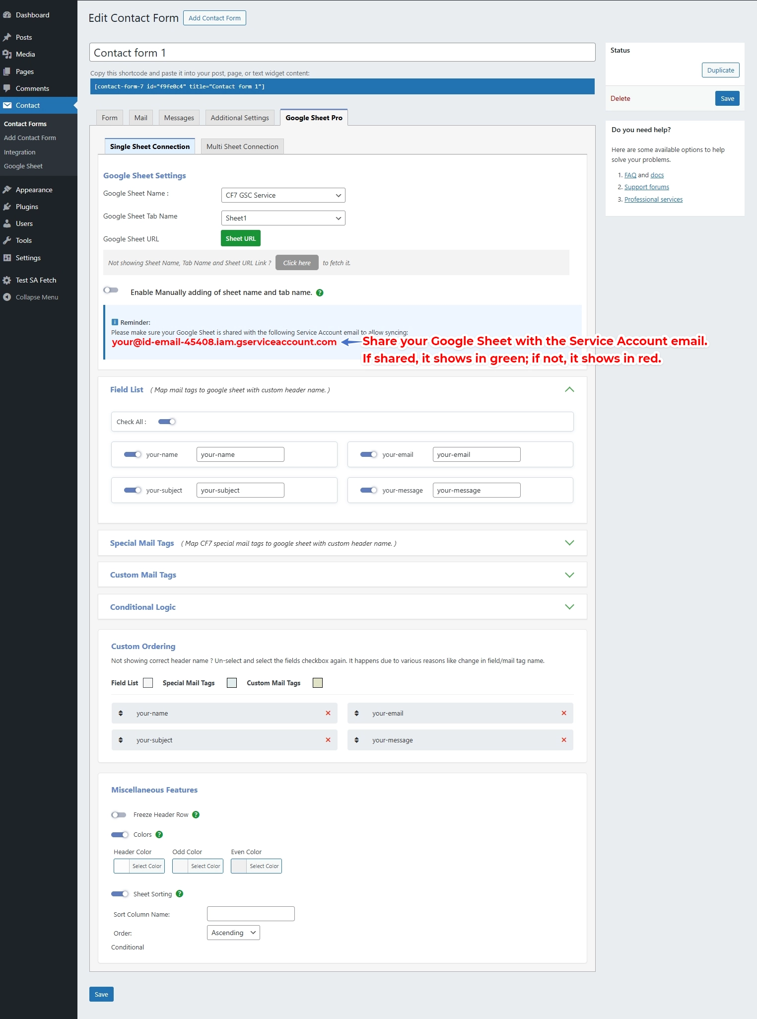 CF7 Google Sheet Connector Pro Service Account Setup - Google Sheet Settings Auto