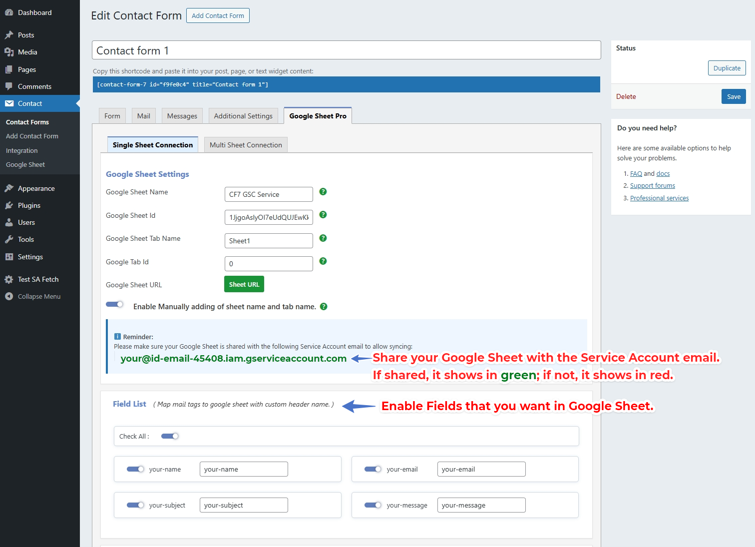CF7 Google Sheet Connector Pro Service Account Setup - Manual Settings