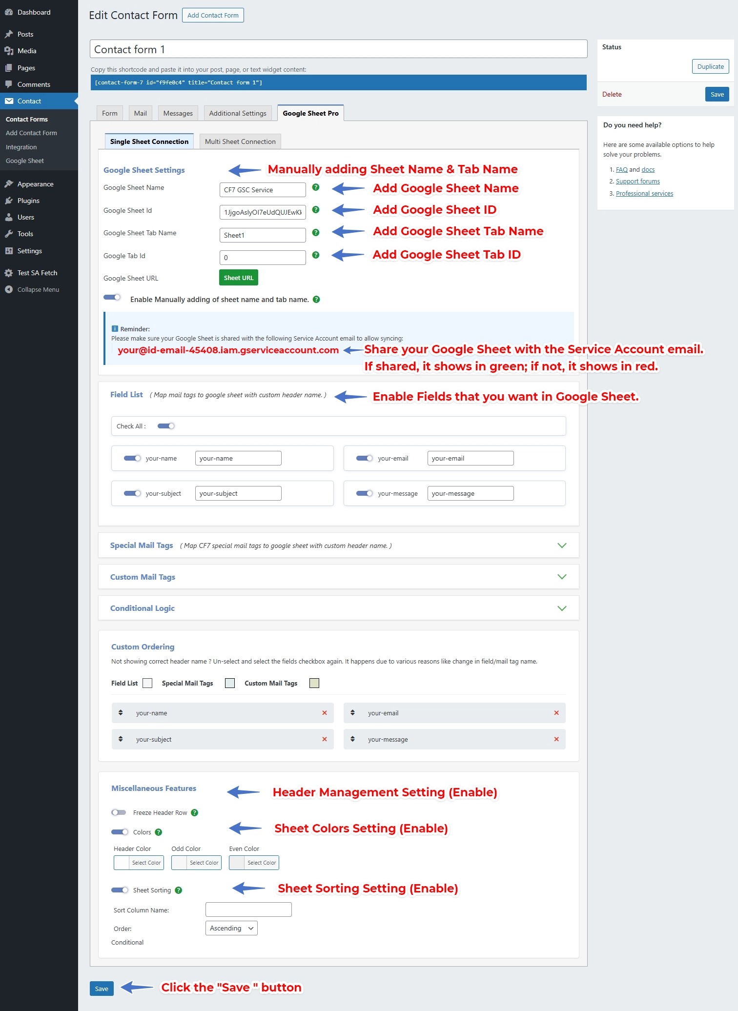 CF7 Google Sheet Connector Pro Service Account Setup - Manual Settings