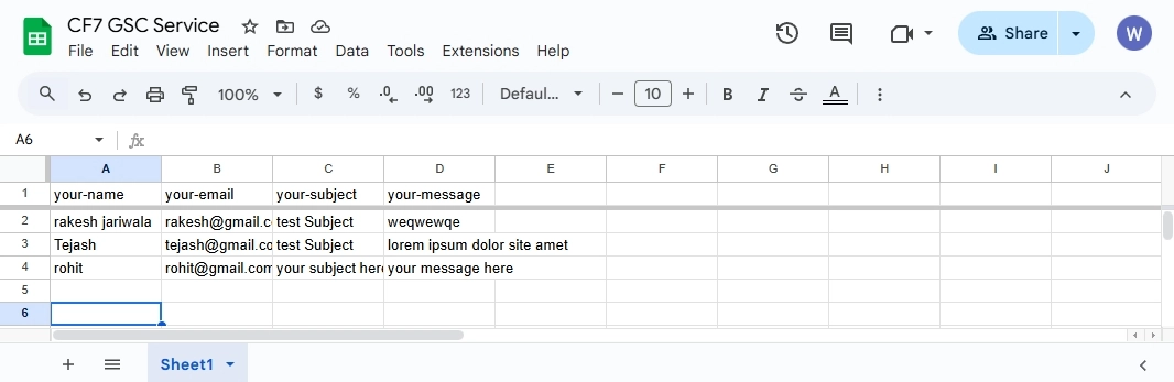 CF7 Google Sheet Connector Pro Service Account Setup - Feed entry example