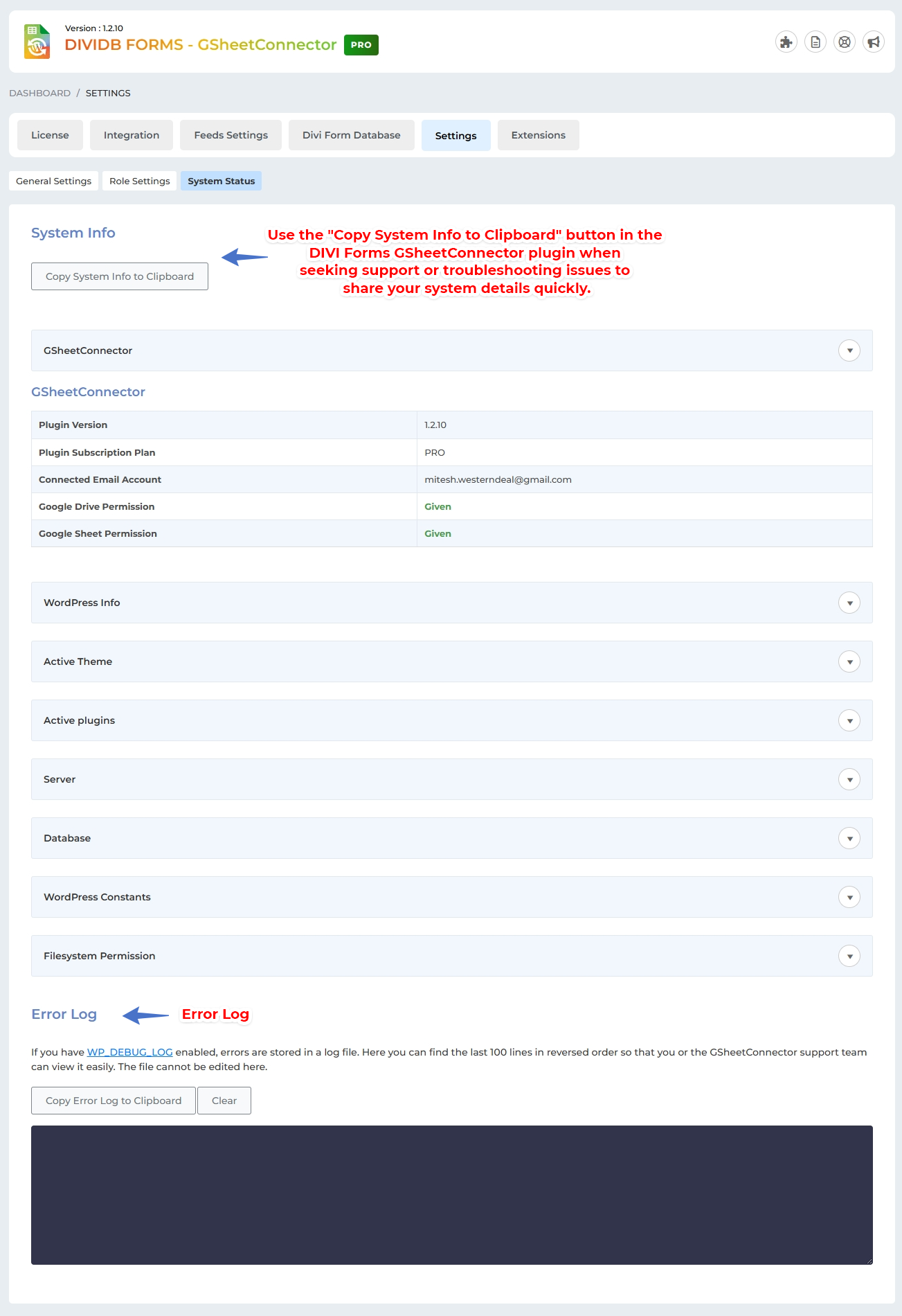 Divi GSheetConnector System Status Overview