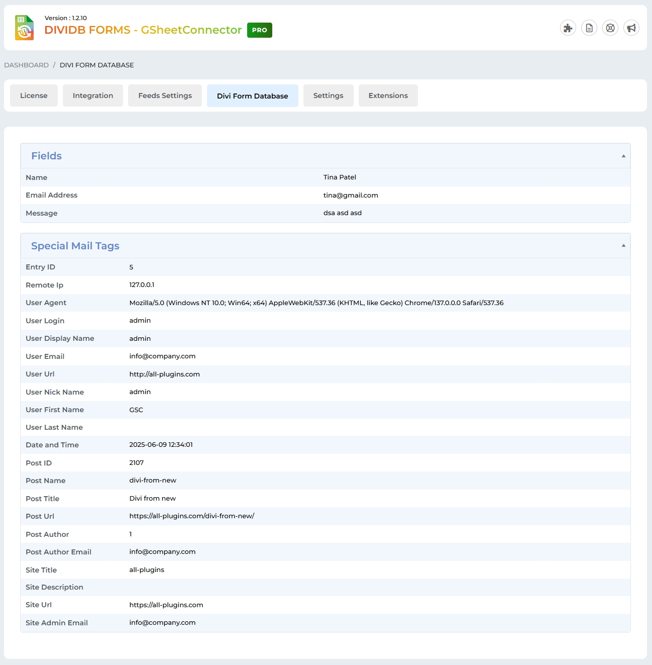 Divi Database integration with Google Sheets