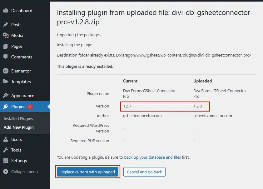 WordPress plugin update process