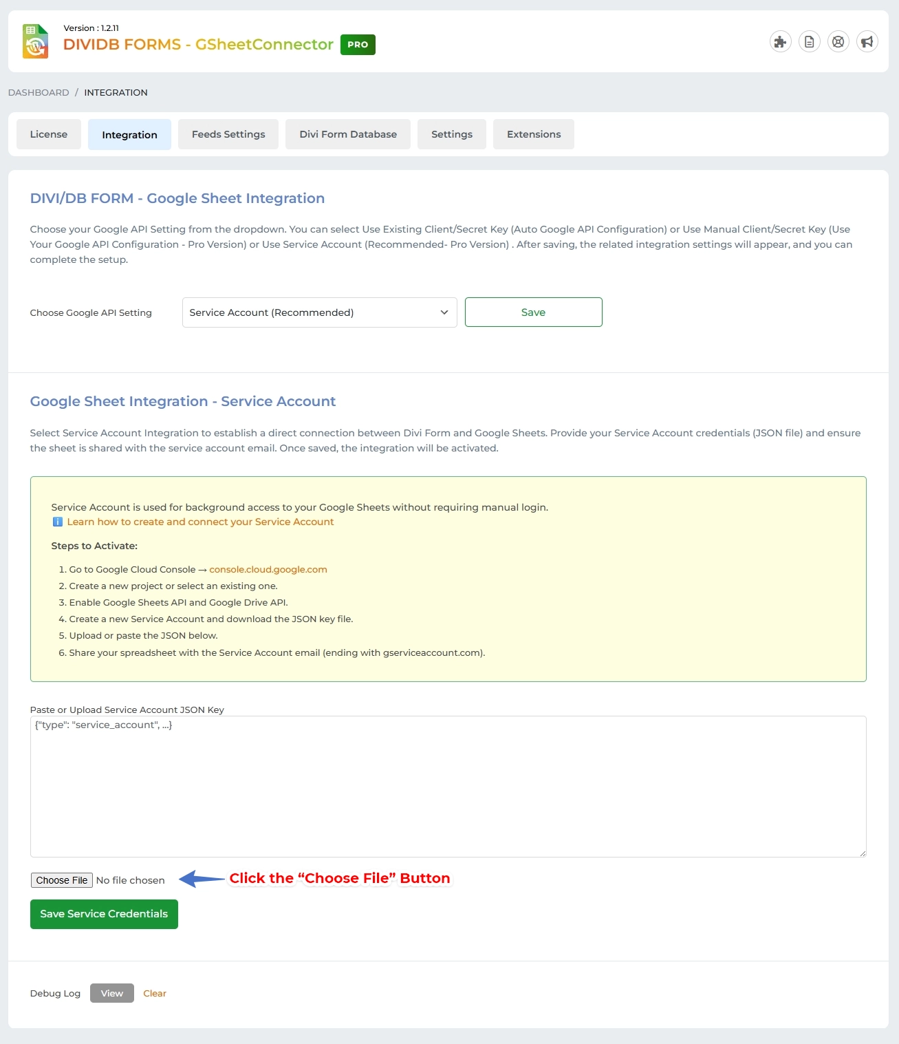 Connect the Service Account in Elementor GSheetConnector Pro
