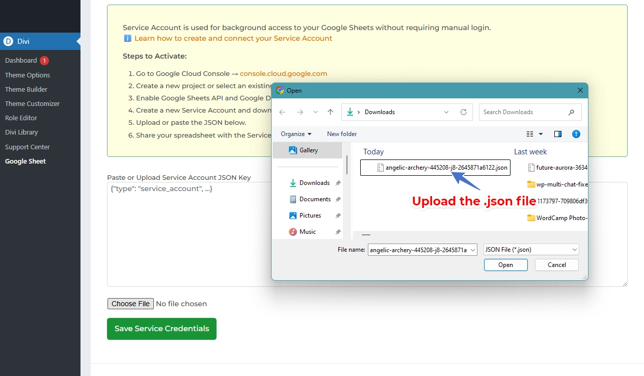 Connect the Service Account in Elementor GSheetConnector Pro - Upload Json file
