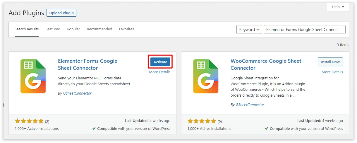 Install Elementor Google Sheet Connector