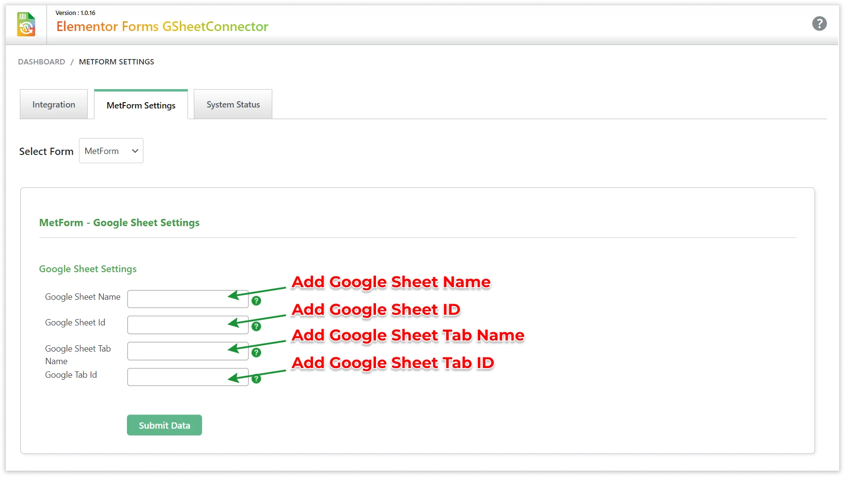 MetForm Google Sheet Integration settings