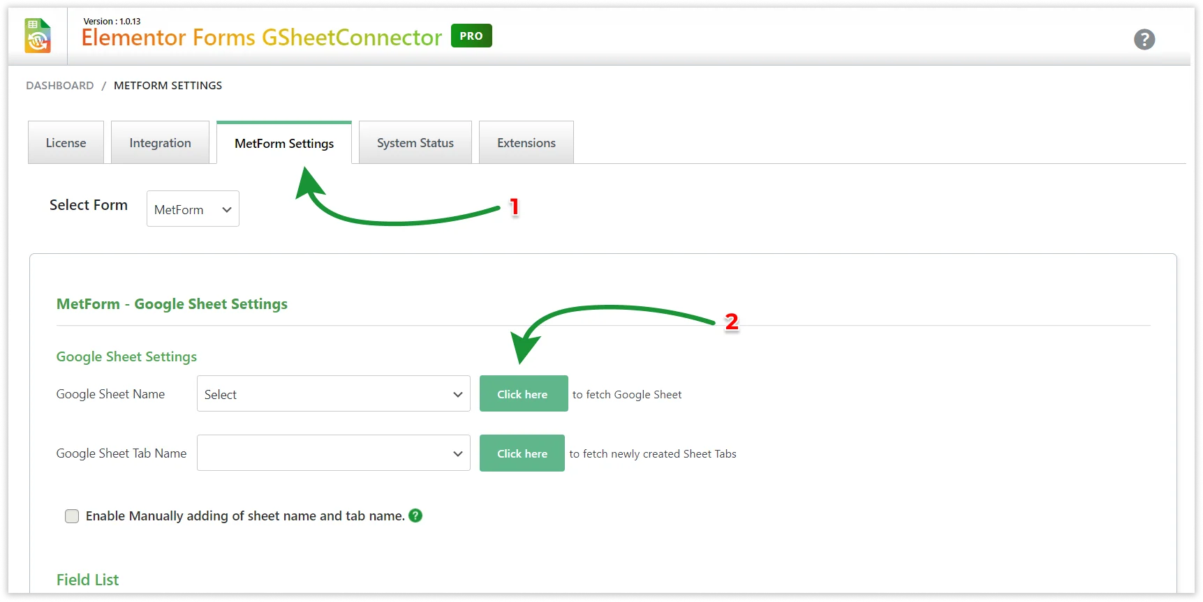 MetForm Settings PRO Version Fetch Sheets