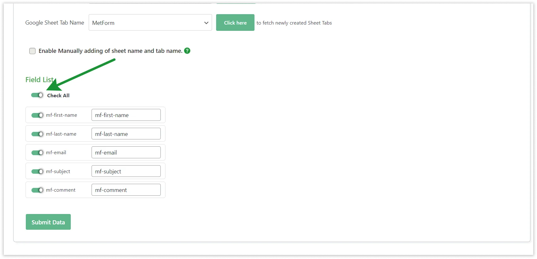 MetForm Settings PRO Version Fetch Sheets