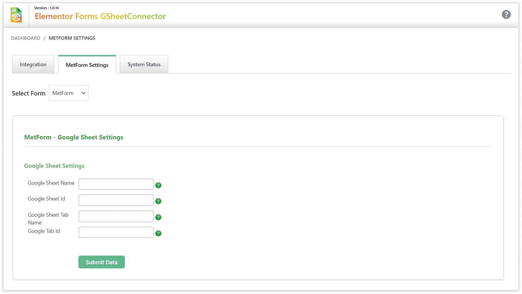 MetForm Google Sheet Integration settings