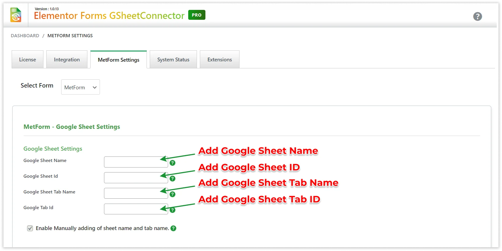 MetForm Settings PRO Version Fetch Sheets