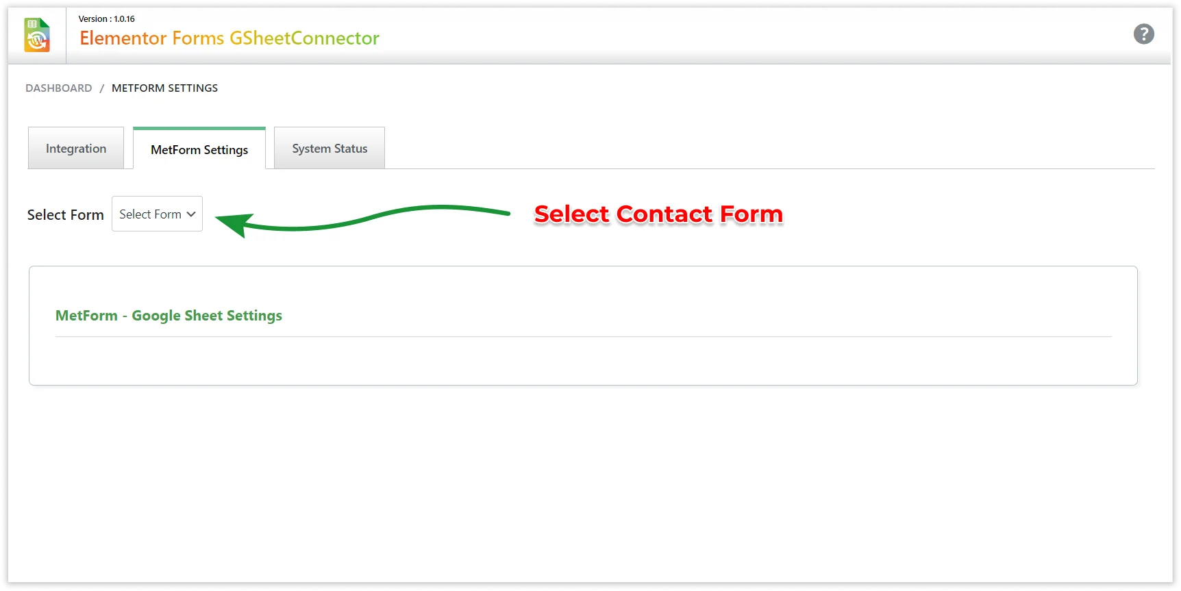 MetForm Google Sheet Integration settings