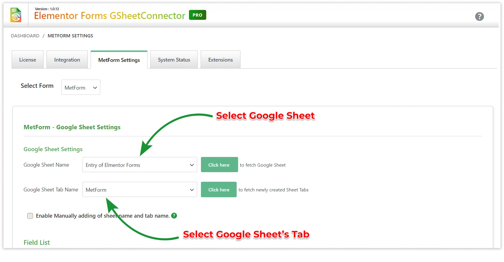 MetForm Settings PRO Version Fetch Sheets