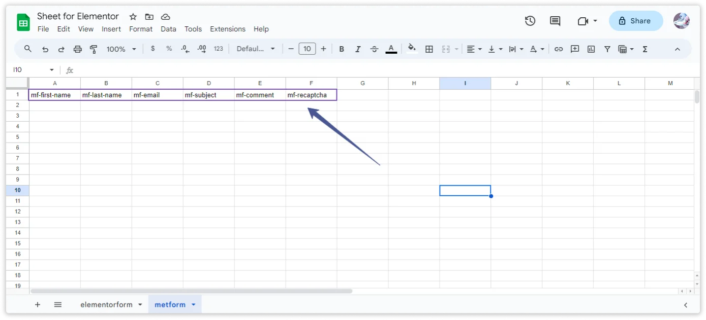 MetForm Google Sheet Integration settings