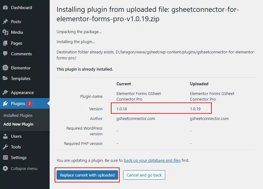 Download plugin updates for Elementor