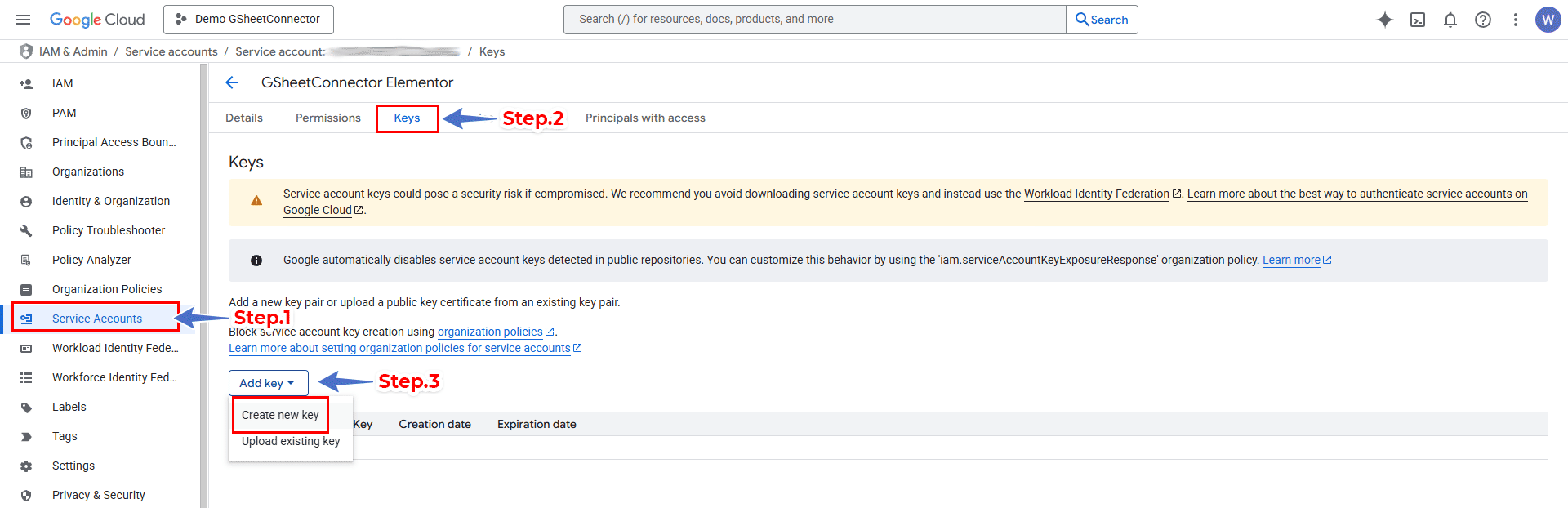 Service Account - Generate a JSON Key
