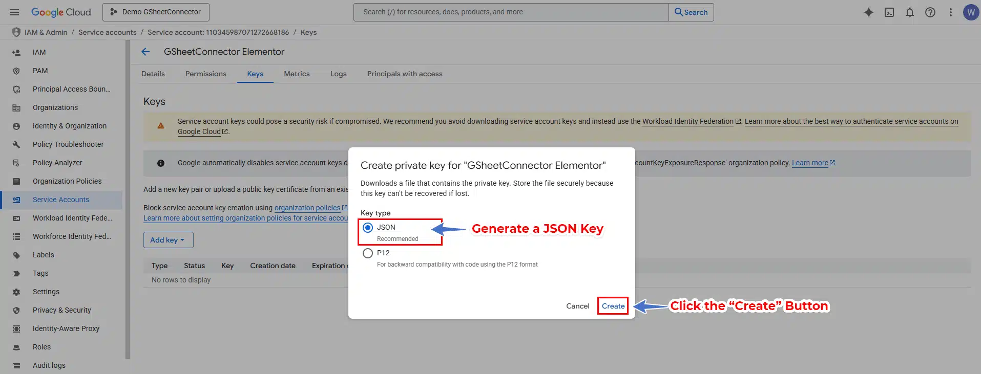 Service Account - Generate a JSON Key Download