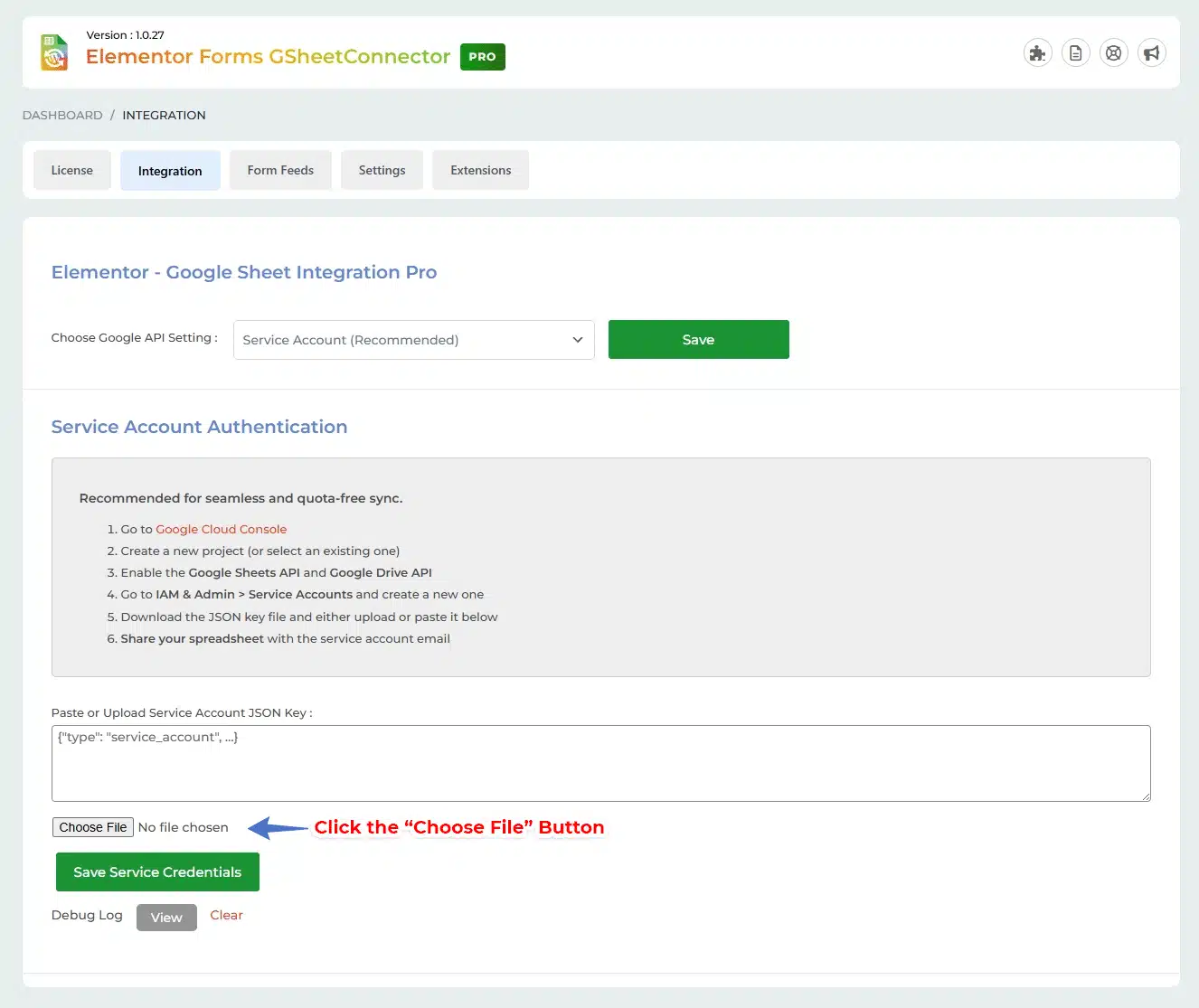 Connect the Service Account in Elementor GSheetConnector Pro