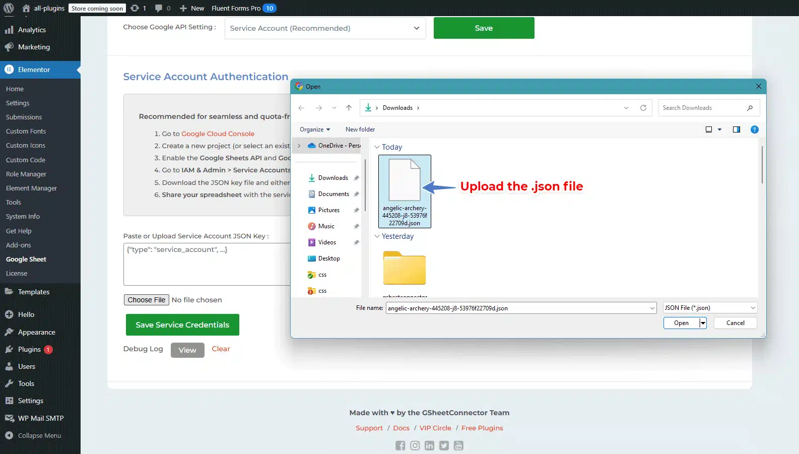 Connect the Service Account in Elementor GSheetConnector Pro - Upload Json file