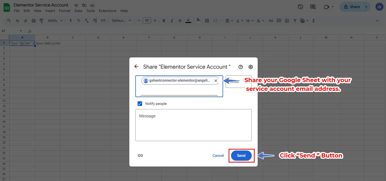 Share the Sheet with the Service Account Email