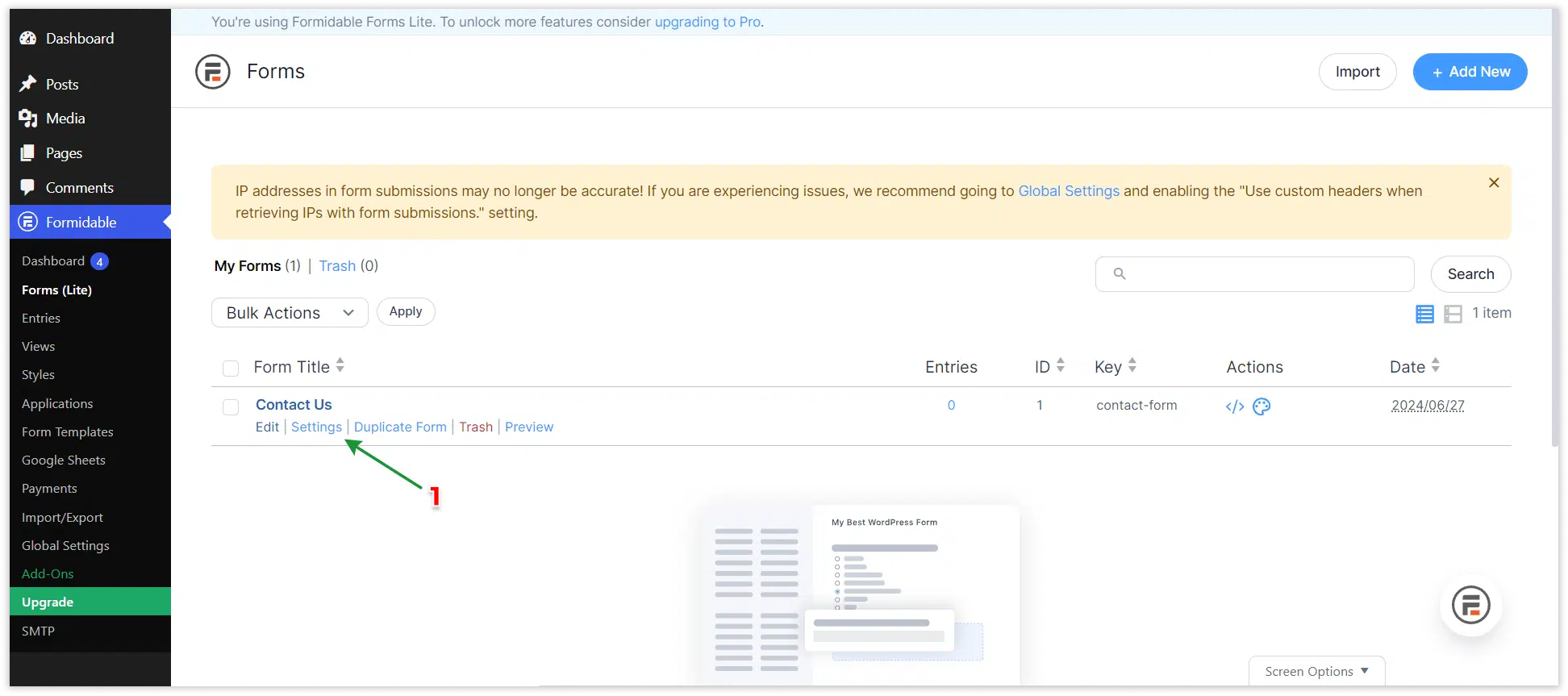 Formidable Forms Google Sheet Connector Plugin Settings