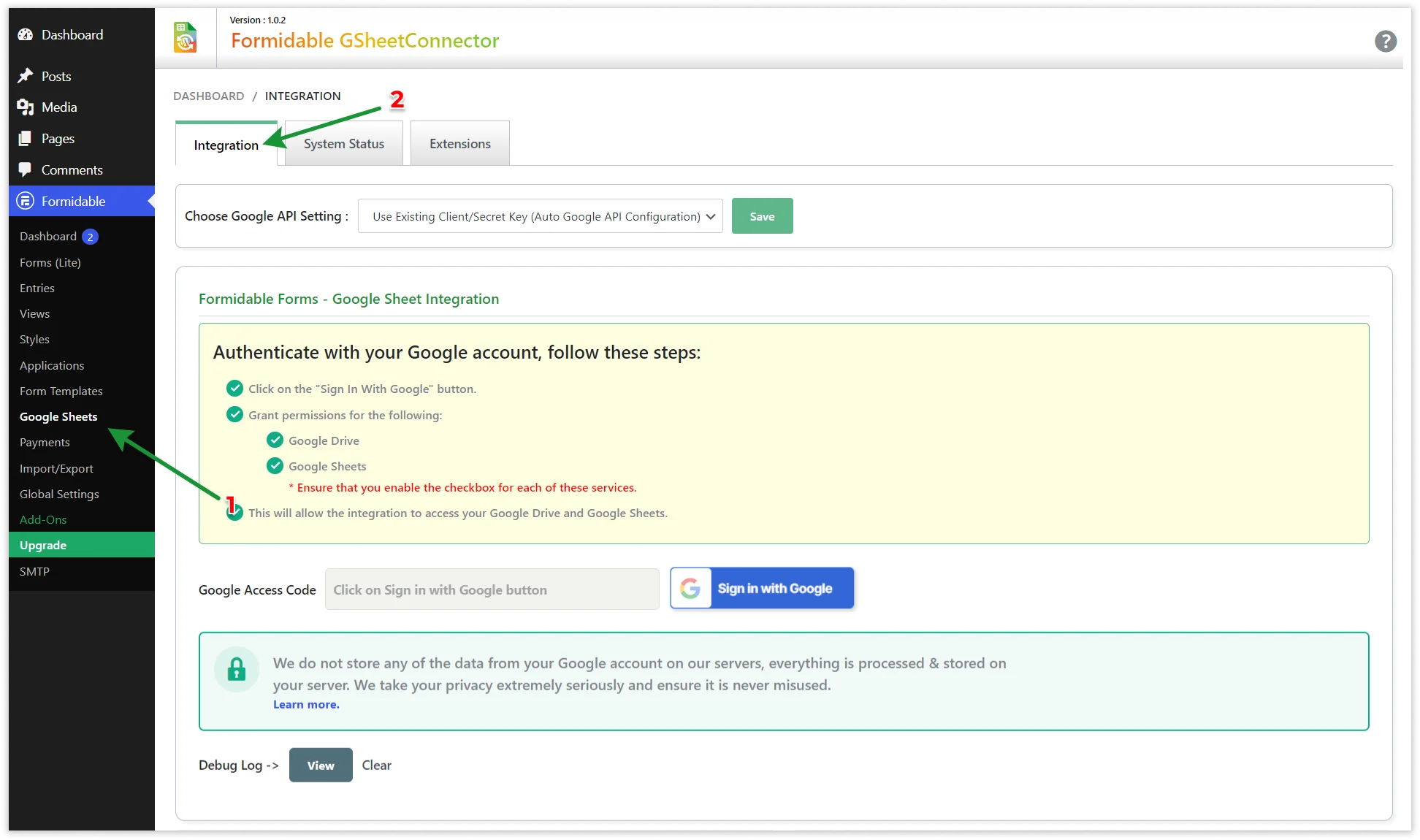 Formidable Forms Google Sheet Integration Sign-in