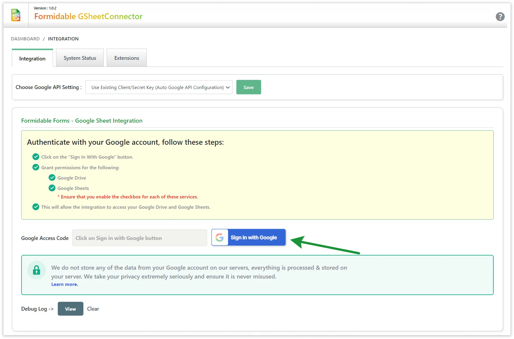 Formidable Forms Google Sheet Integration Sign-in