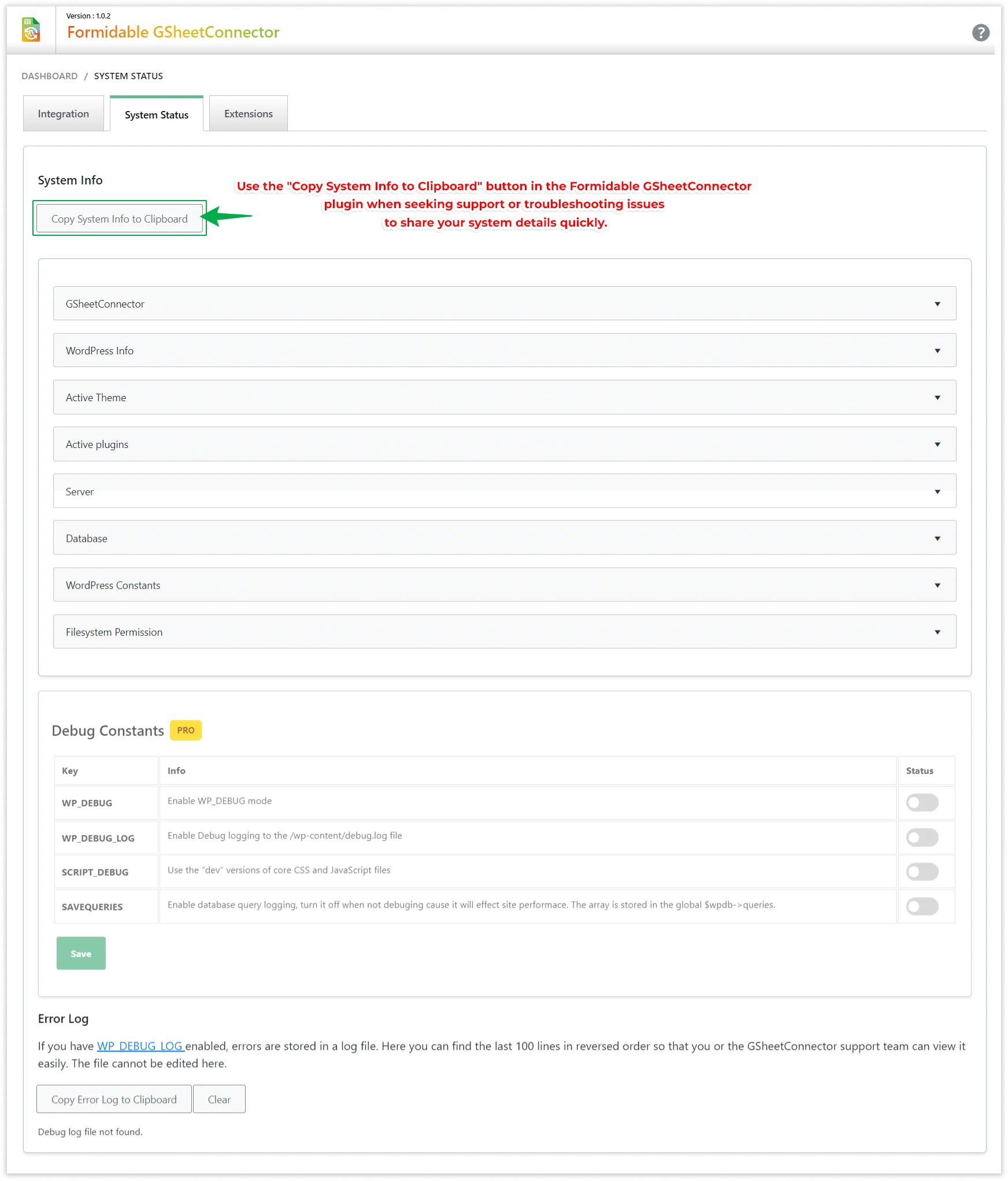 Formidable Forms GSheetConnector System Status