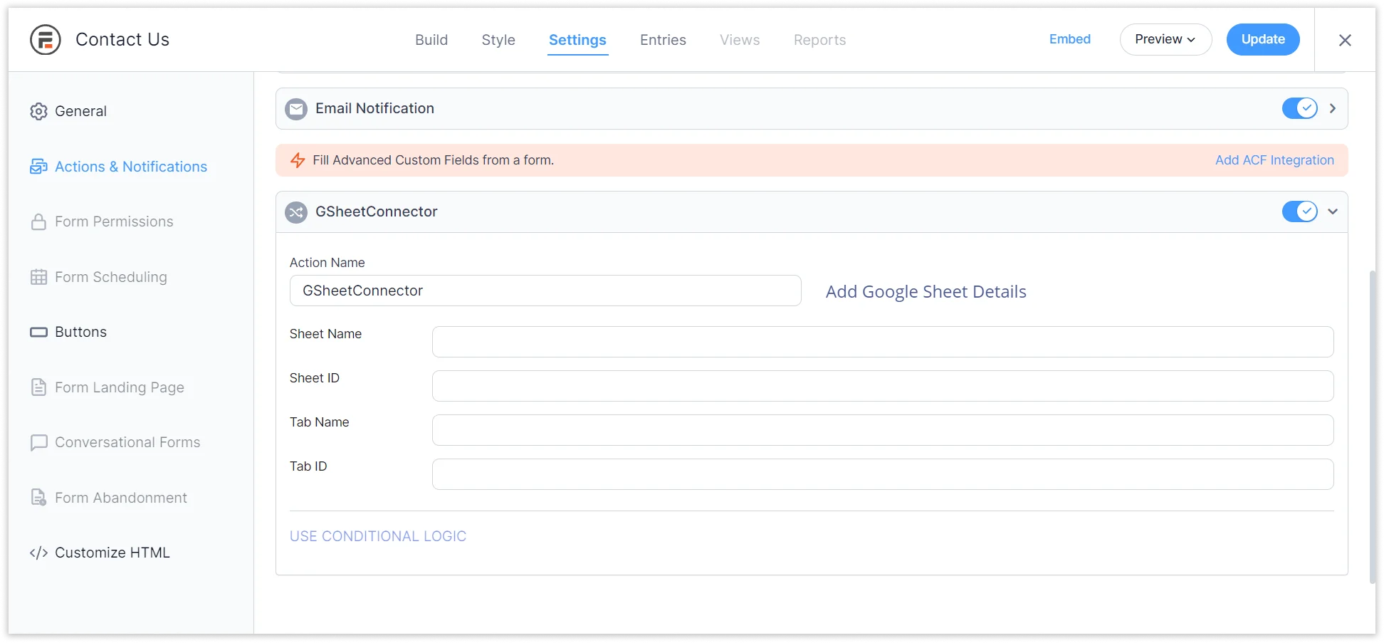 Formidable Forms Google Sheet Connector Plugin Settings