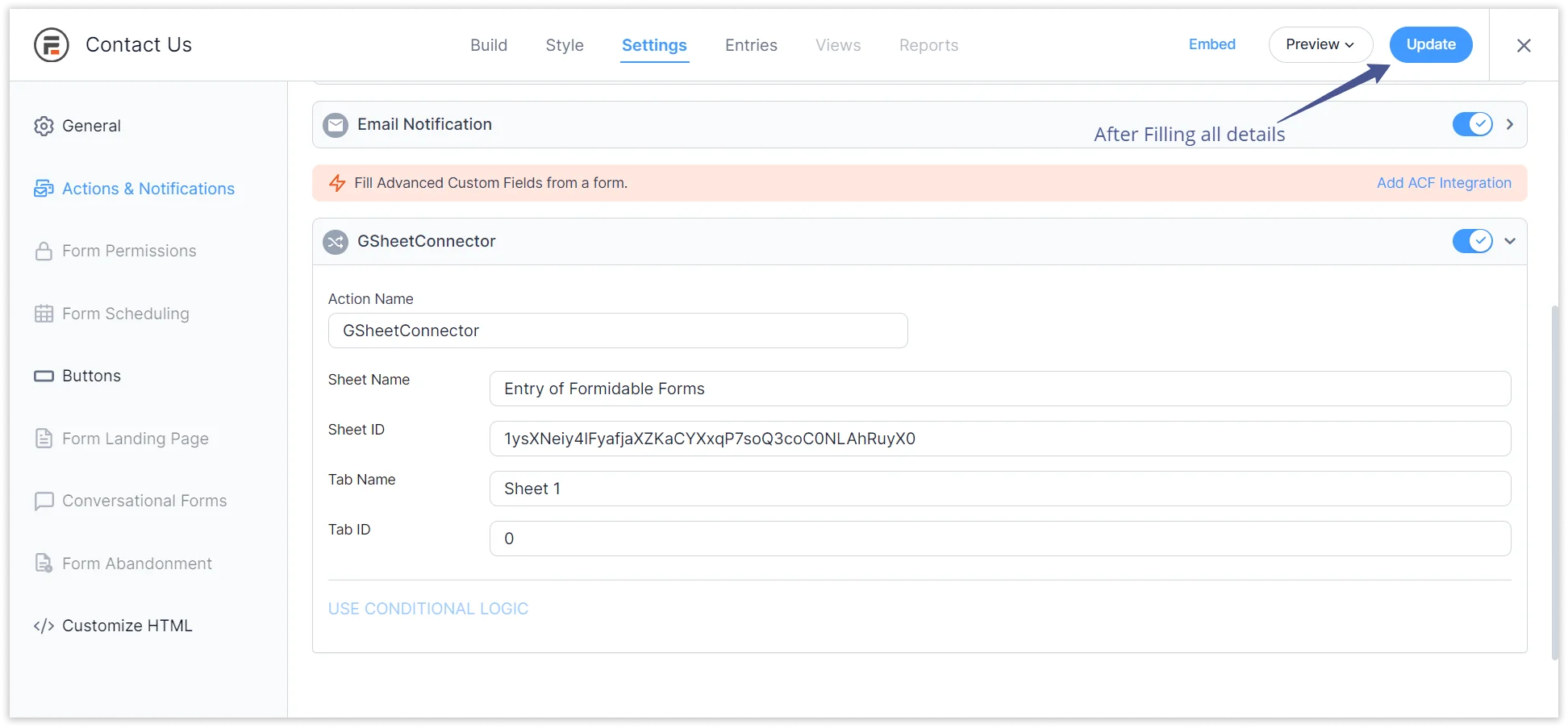 Formidable Forms Google Sheet Connector Plugin Settings