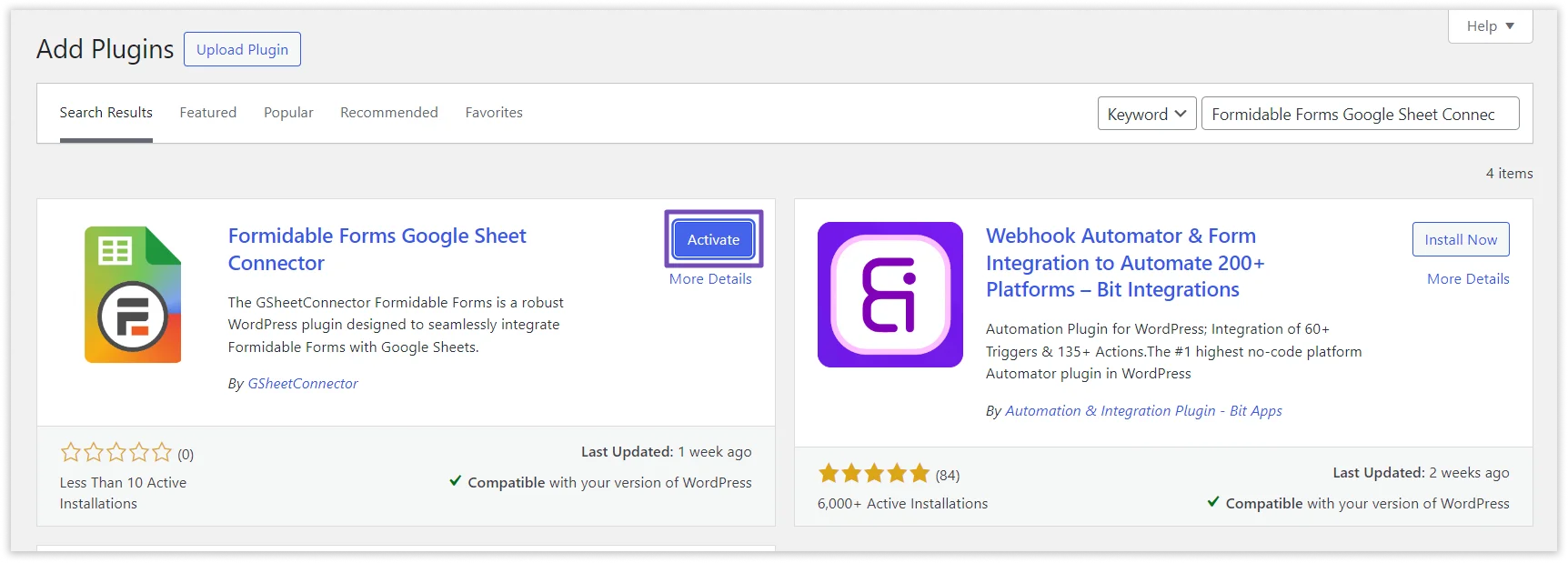 Formidable Forms Google Sheet Connector installation process
