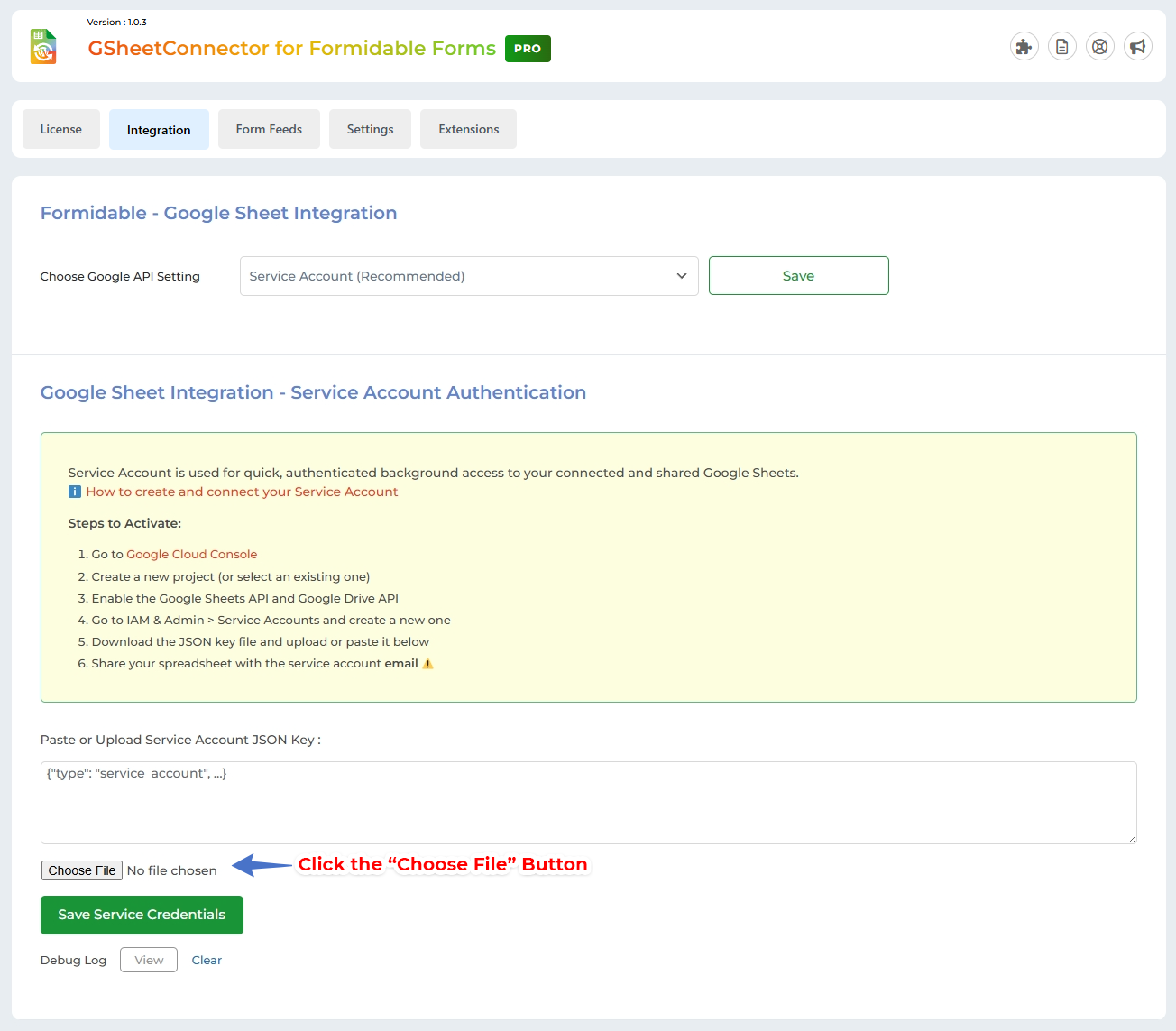 Service Account Setting Pro Version – Google Sheet Connector Connect the Service Account in Elementor GSheetConnector Pro
