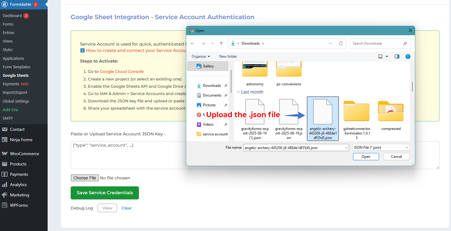 Service Account Setting Pro Version – Google Sheet Connector Connect the Service Account in Elementor GSheetConnector Pro - Upload Json file