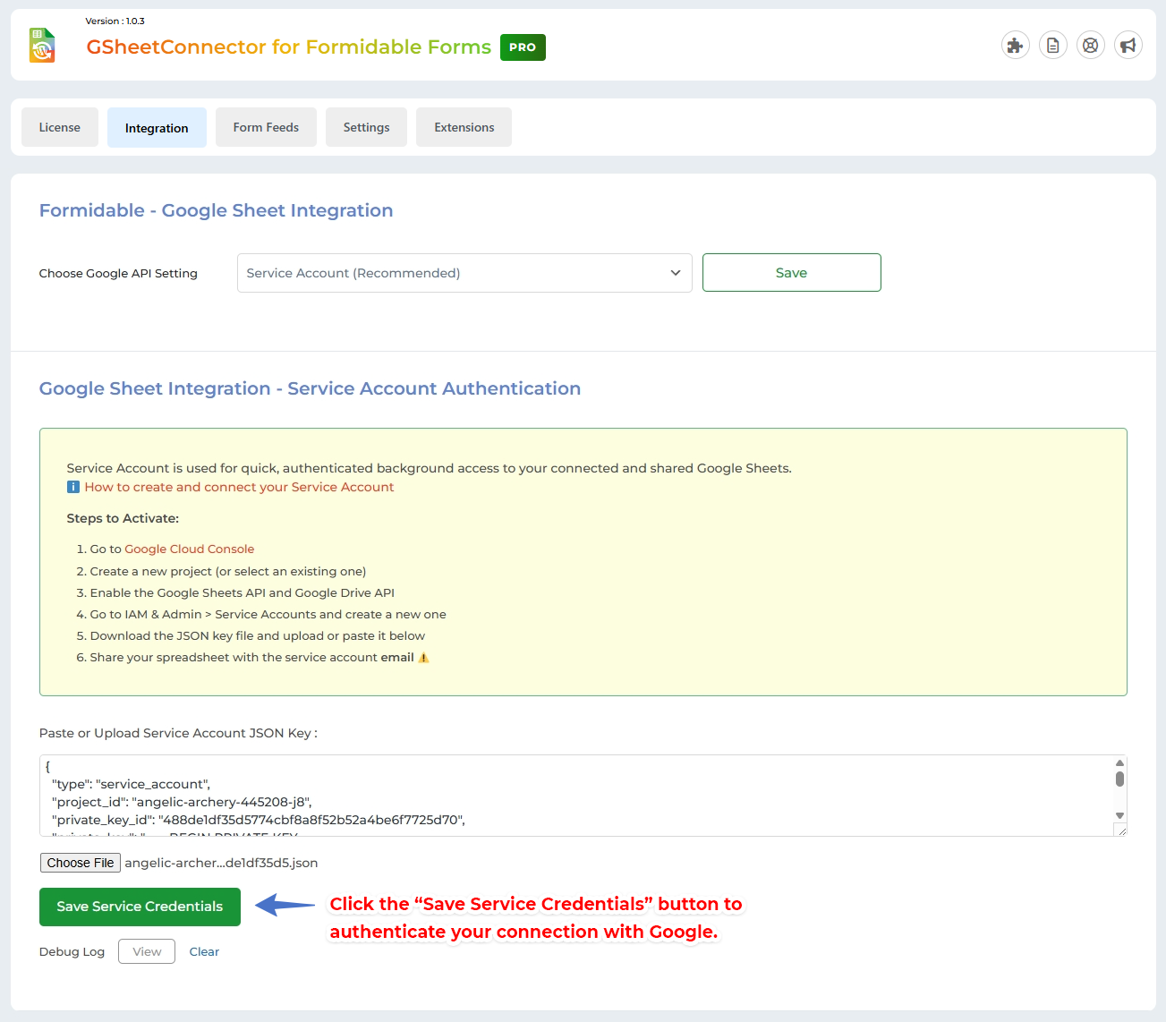 Service Account Setting Pro Version – Google Sheet Connector Authentication Method - Service Account