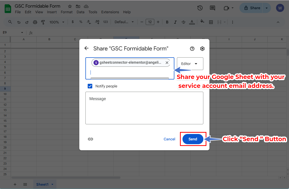Service Account Setting Pro Version – Google Sheet Connector Share the Sheet with the Service Account Email