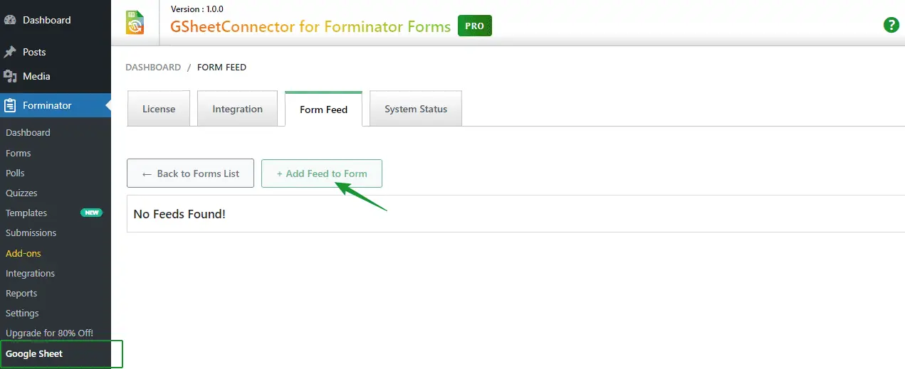 Forminator Google Sheets Integration feed settings
